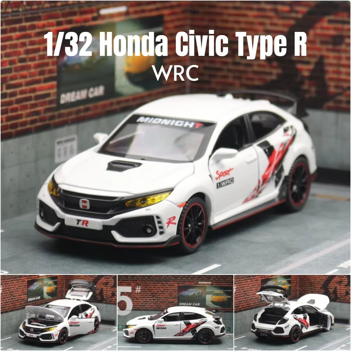 1/32 Honda Civic Type R Toy Car For Children Diecast Miniature Model Pull Back Doors Openable Sound Light Collection Gift Boys