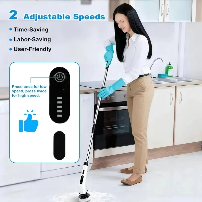 9-in-1 Electric Cleaning Brush, Cordless Power Scrubber with Long Extension Handle, Multi-Purpose Rotating Cleaning Tool for Bathroom, Kitchen, Tile, Tub, Shower, Floor, Grout, Countertops, Window, Household Deep Cleaning