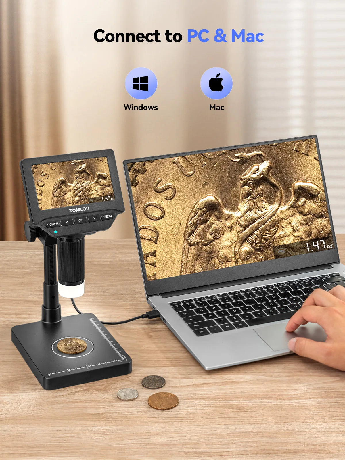 TOMLOV DM4W Microscope 200X Zoom with Weighing Scale 4.3" Digital Coin Microscopes Error Coin Magnifier for Collectors, Jewelers, Microscope for Electronics Repair PCB Solding
