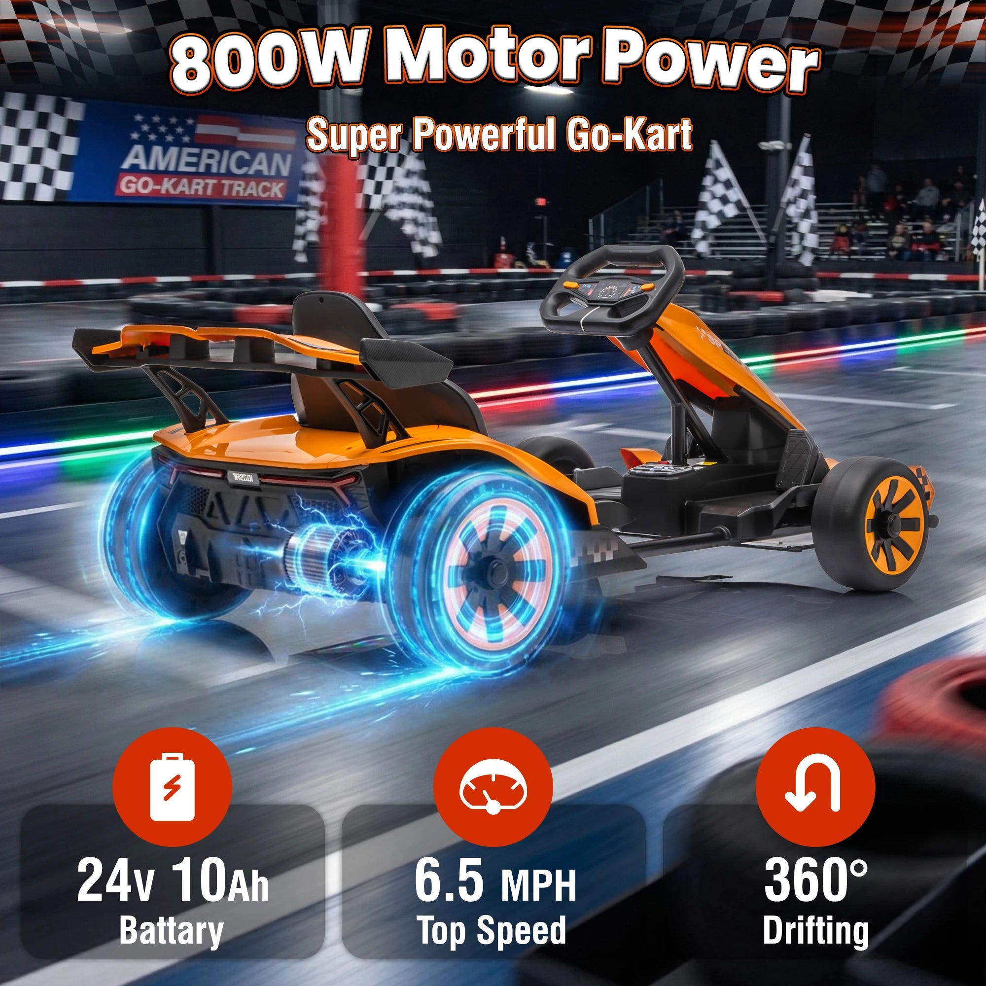 Joyracer 24V Go Kart for Kids 6-12, 2x400W Motors Electric Drift Car with Adjustable Length, 360°Drift Mode, 6.5 MPH High Speed Racing Car, Bluetooth Music