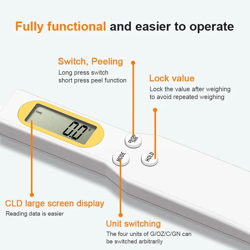 Measure ingredients with precision using this digital spoon scale—electronic LCD display, 0.1-500g capacity, perfect for flour, milk, coffee powder, and more!