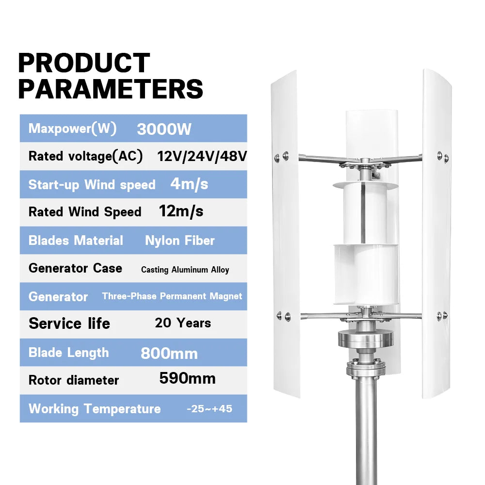 Small Windmill 12/24V 3000W Vertical Wind Turbine Generator Kit with Wind-Solar Hybrid Controller Household Free Energy