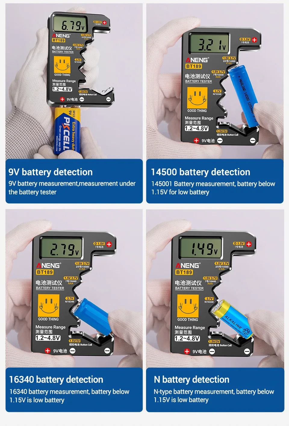 Quickly check your batteries with this universal button cell battery tester—compatible with 9V, N, D, C, AA, and AAA sizes, featuring an easy-to-read LCD display!