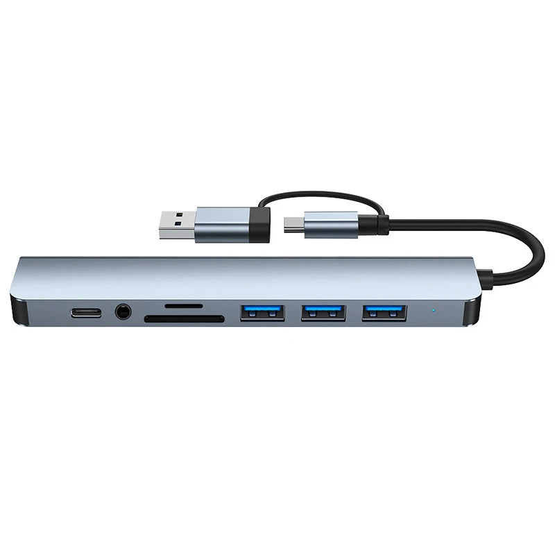 Expand your connectivity with this 8-in-2 USB + Type-C hub docking station—featuring multiple USB ports and a convenient card reader for seamless device access! Card Reader Laptop Tablet Phone Disk Converter