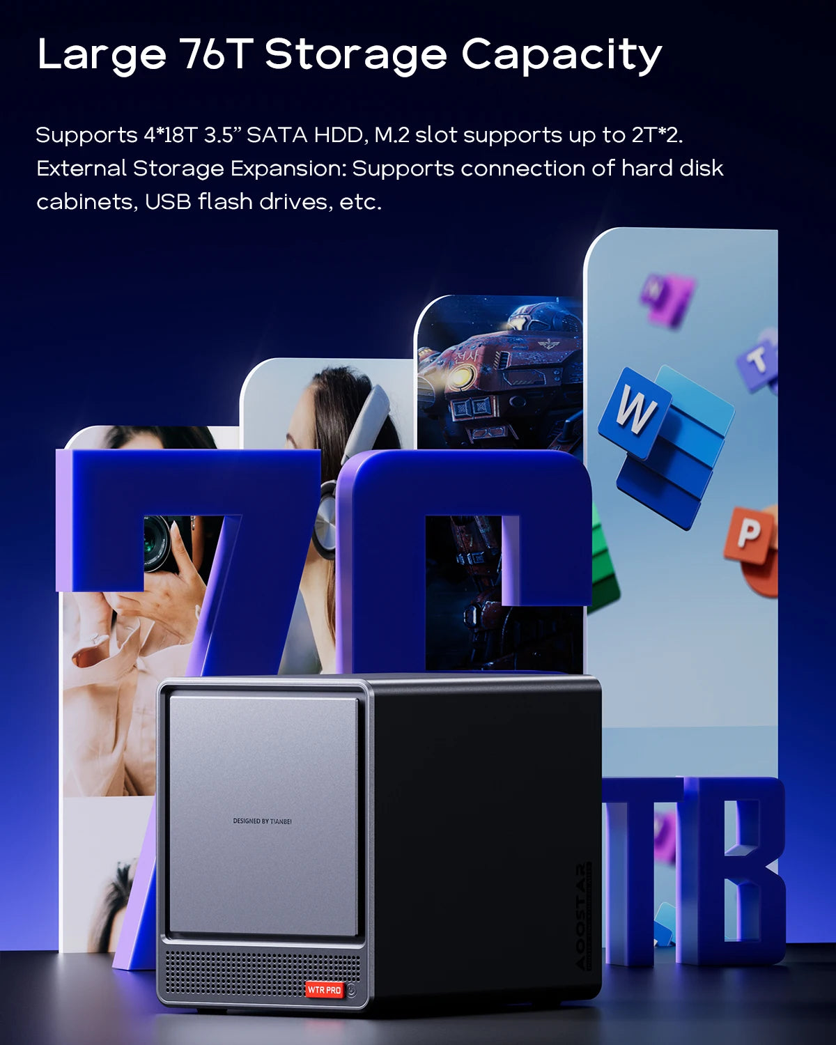 Aoostar Ryzen 7 5825U 4Bay Nas Mini Pc, No Ram No Ssd, Nas Desktop Computer 2*m.2 Nvme Slots, 2.5/3.5 Sata X 4 Storage