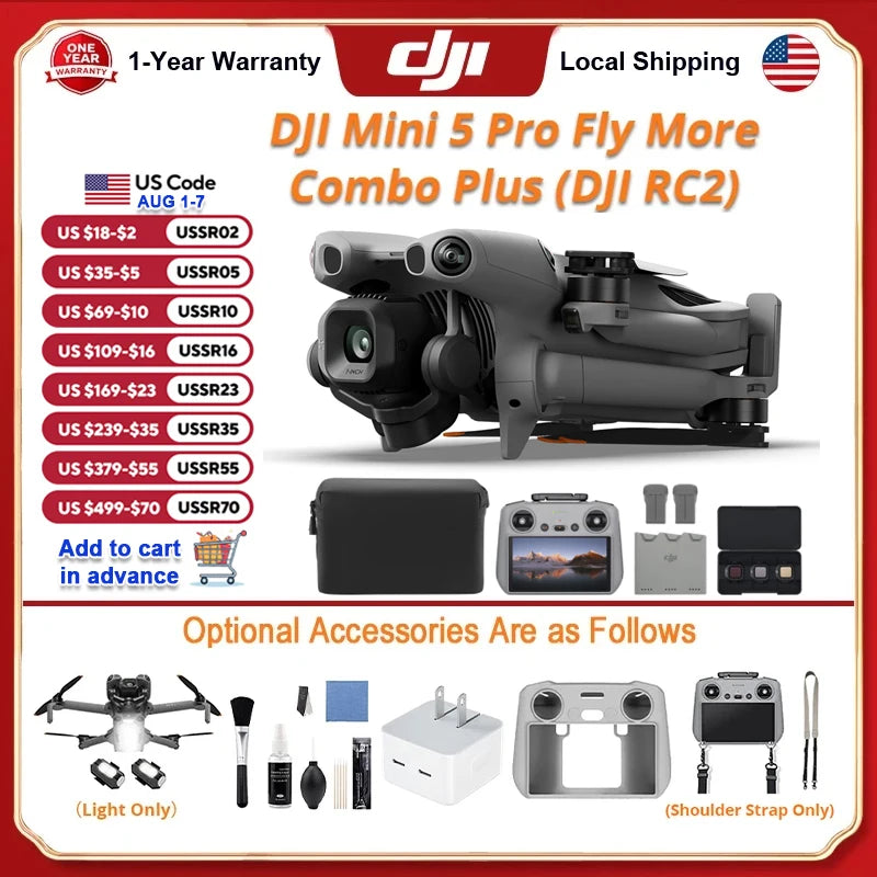 DJI Mini 5 Pro Fly More Combo Plus FPV Drone With Camera Strobe Light & Charger & Cleaning Kit Mini Drones 4k Professional Omnidirectional Obstacle Sensing ActiveTrack