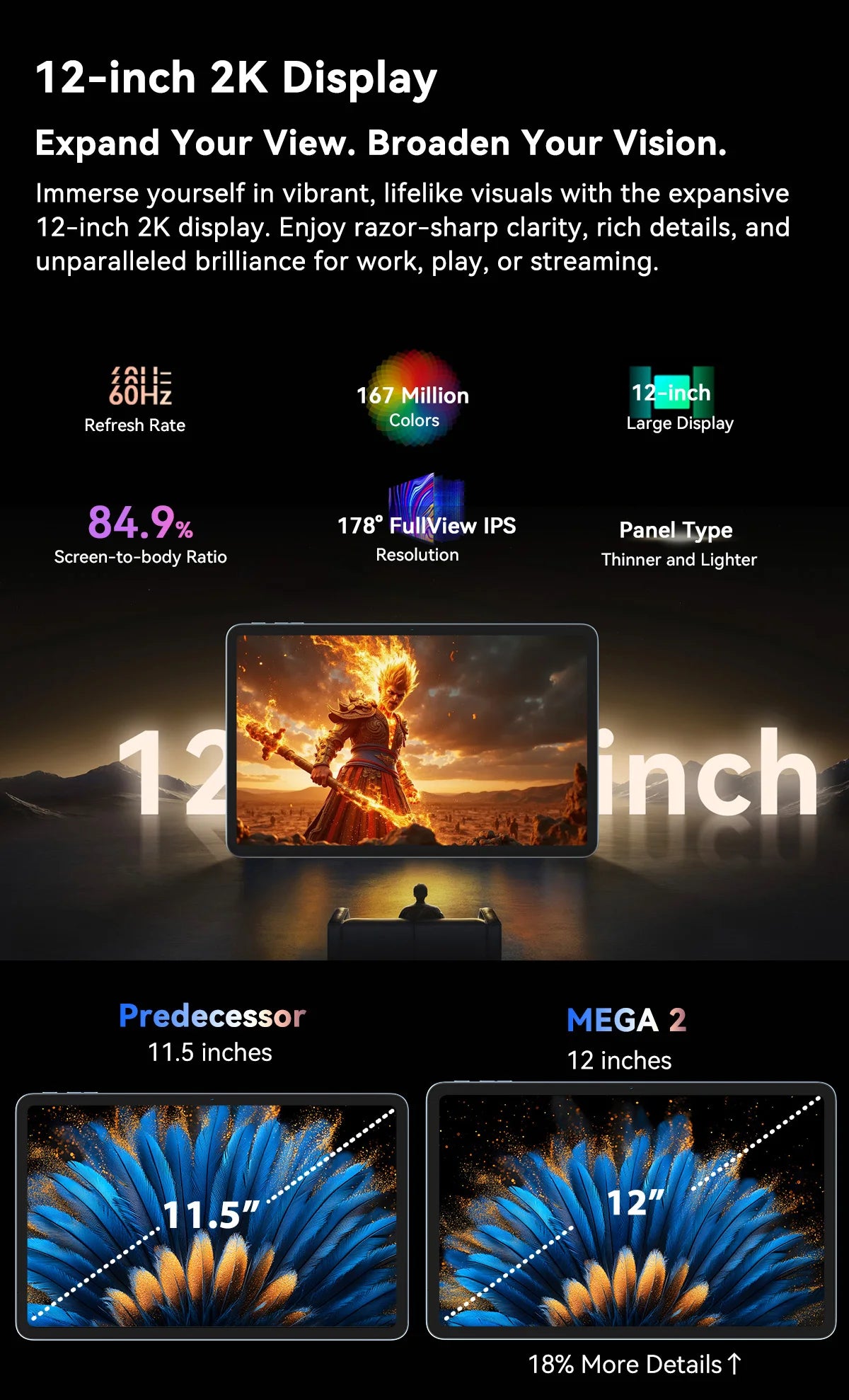 Blackview MEGA 2 Android 15 Tablet 12 inch 2K Display 36(12+24)GB 256GB Unisoc T615 9000mAh Battery Widevine L1 Pad PC