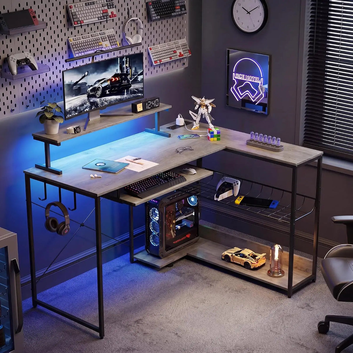 L Shaped Gaming Desk with Power Outlets & RGB LED Lights, 46" Corner Computer Table with Monitor Stand, Keyboard, Customized