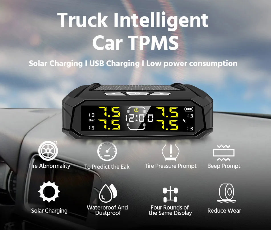 E-ACE Car TPMS Sensor 8 Bar Smart System For Car Truck With Car Electronic Clock Auto Intelligent System Solar Power LCD Display