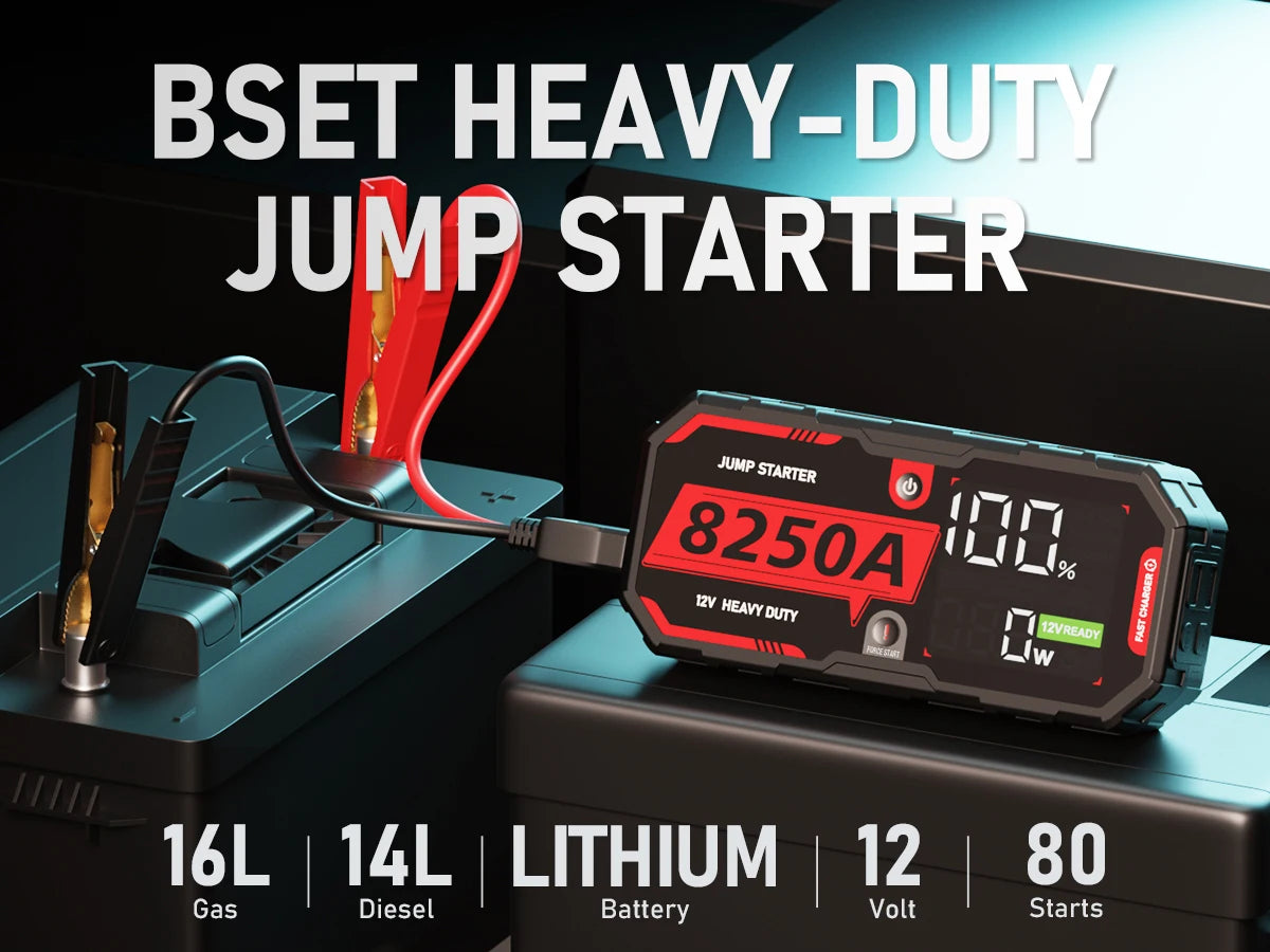 Jump-start big rigs and more with the powerful 8250A 12V Pro portable car battery booster—built to handle even the toughest jobs!