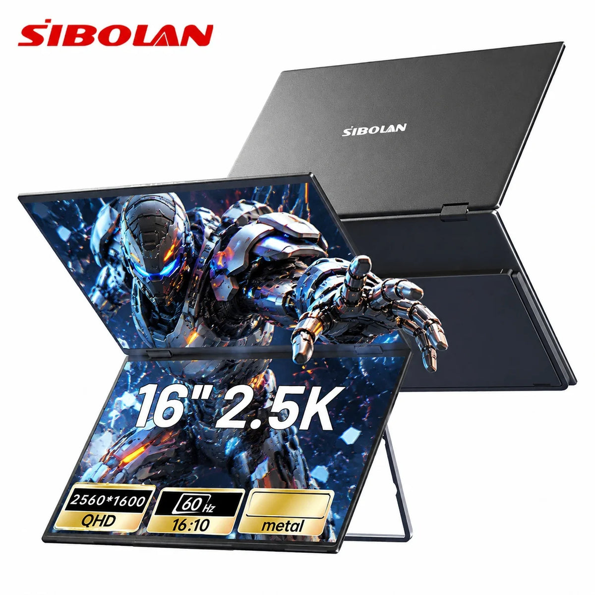 Sibolan 16 inch Dual Screen Portable Monitor 2.5K 60Hz 100% SRGB Foldable Laptop Display Extender HDMI USB-C Plug For Win Mac