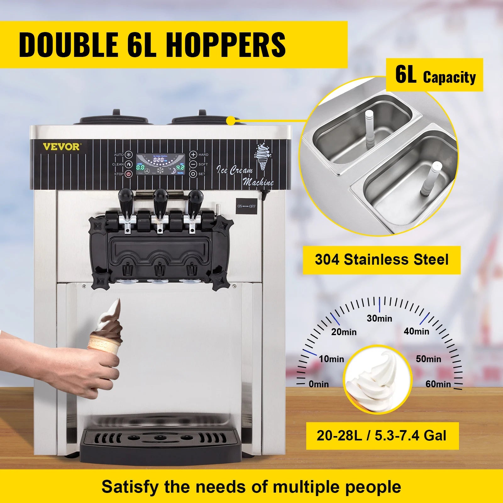 Sihao 2200W Ice Cream Machine 5.3-7.4Gal/H Soft Serve with LED Display Auto Clean 3 Flavors Sweet Cone Freezing Equipment