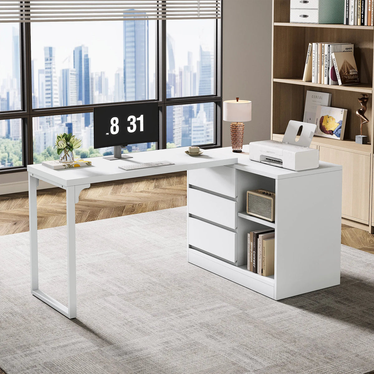 Tribesigns L-Shaped Computer Desk with Drawers and Shelves, Reversible Corner Office Desk Study Writing Table for Home Office