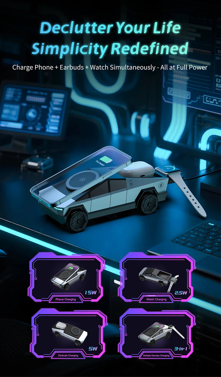 Cybertruck multifunctional 3-in-1 wireless charger—perfect for iPhone, iWatch, and AirPods!