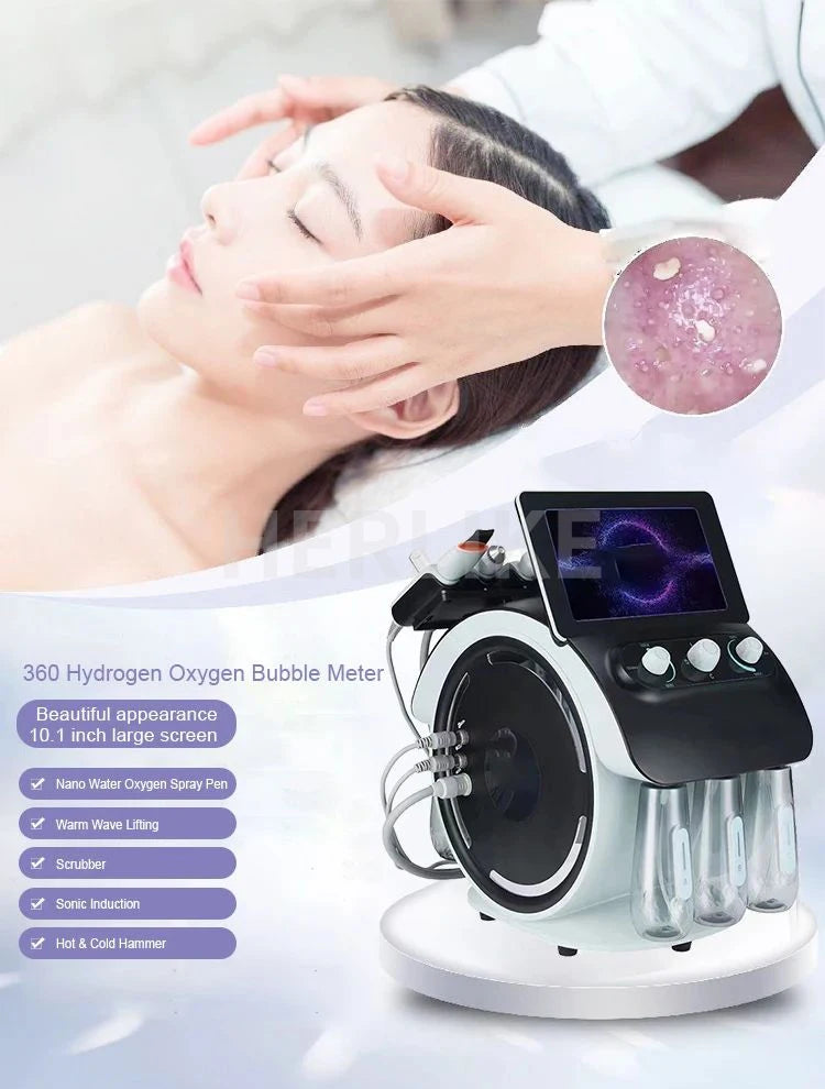 Experience professional skincare with this portable 6-in-1 H2O2 small bubble oxygen facial machine. Improve skin hydration, exfoliate with microdermabrasion, and promote a fresh, glowing complexion with this versatile device!