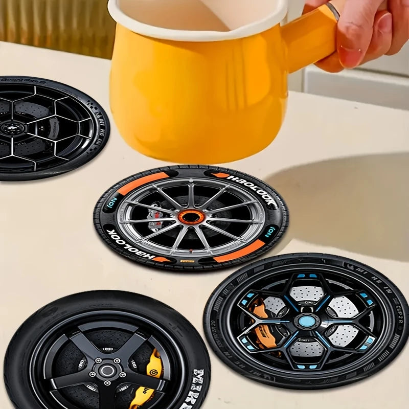 8 Pcs 2D Wooden Coasters Tire Saucer Heat Resistant Non-Slip Home Office Bar Cafe Restaurant Holiday Birthday Gift Durable