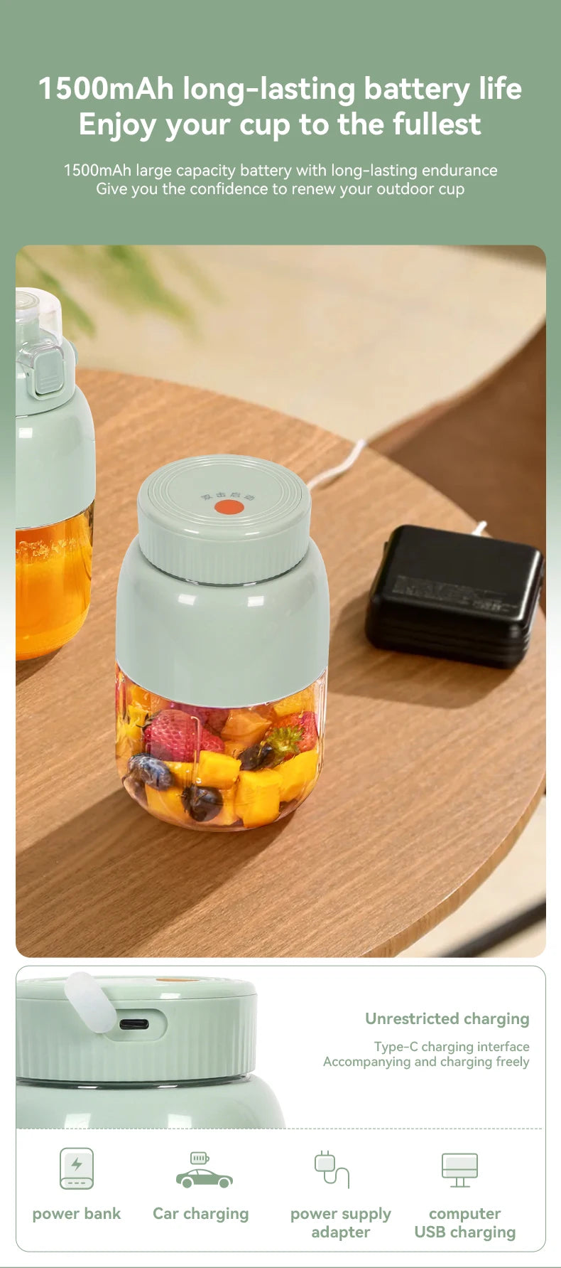 Portable Fruit Juicer Cup Y08 Multi-function Electric Travel Blender 10 Level Steel Knife Large Capacity Smoothie Quick Making