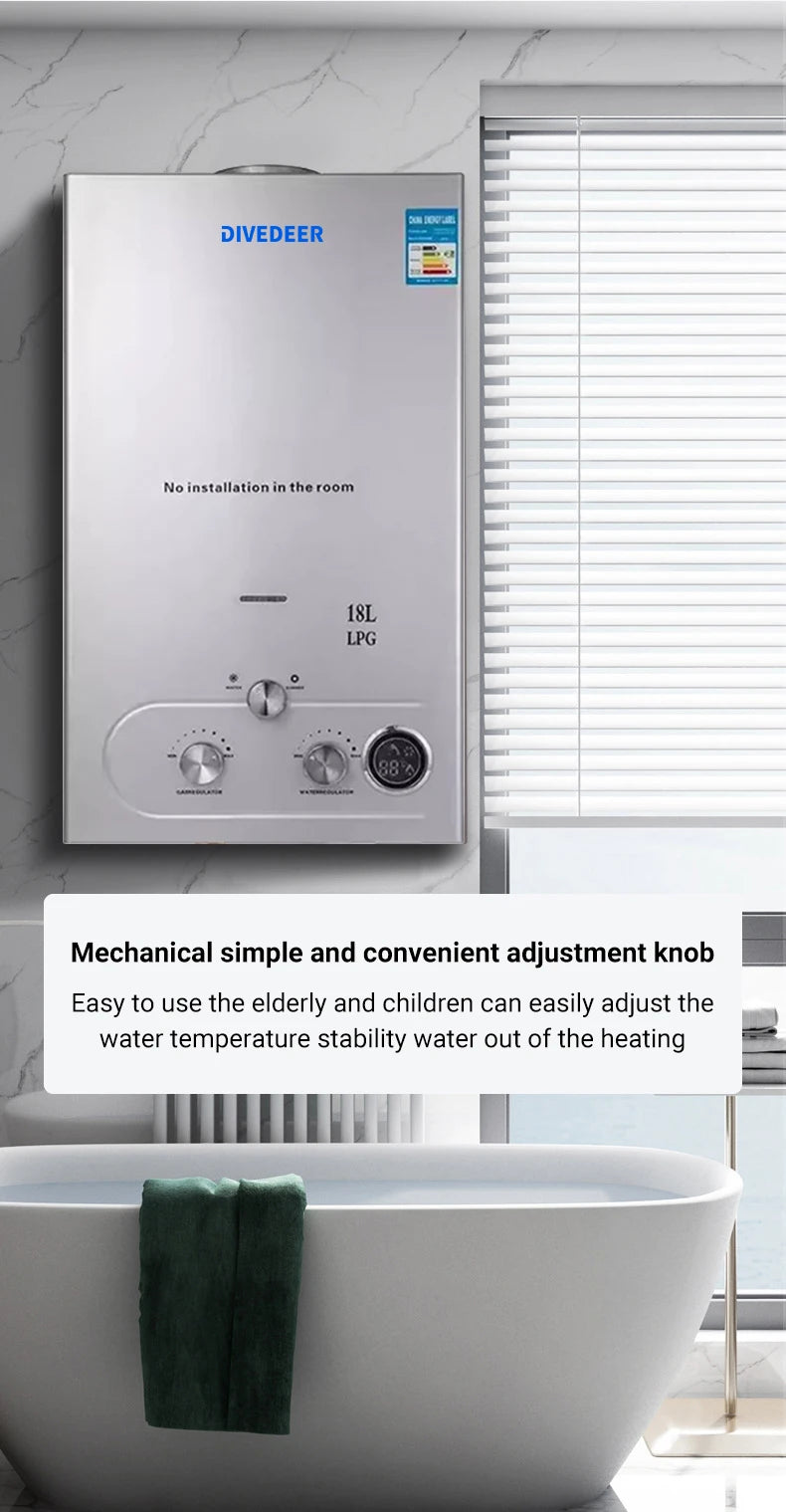 DIVEDEER Wall-mounted Water Heater 8L/12L/16L/18L LPG Water Heater Household Automatic Fast Gas Water Heater