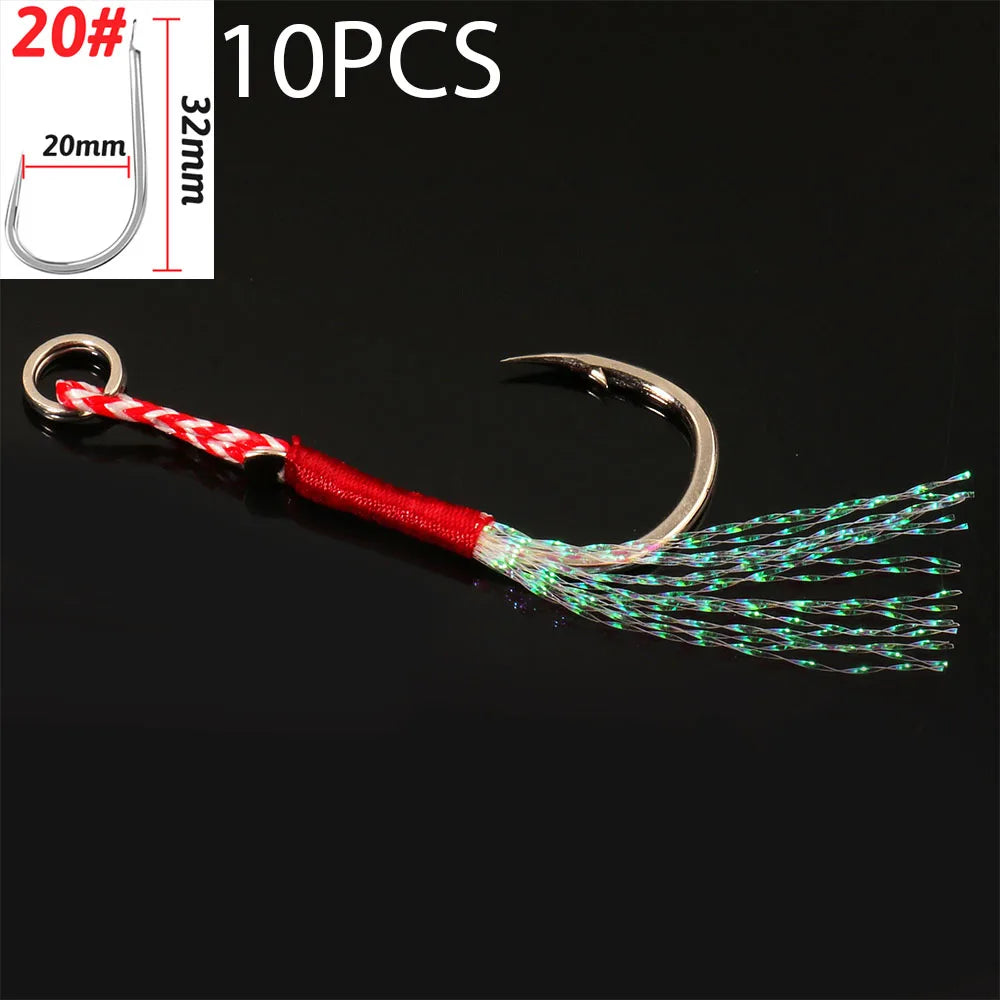 Cast Jig Assist Hook 10PCS/Lot High Carbon Steel Angle Barbed Thread Feather Lake Fishing Tackle Slow Jigging Sea Pesca Fishhook