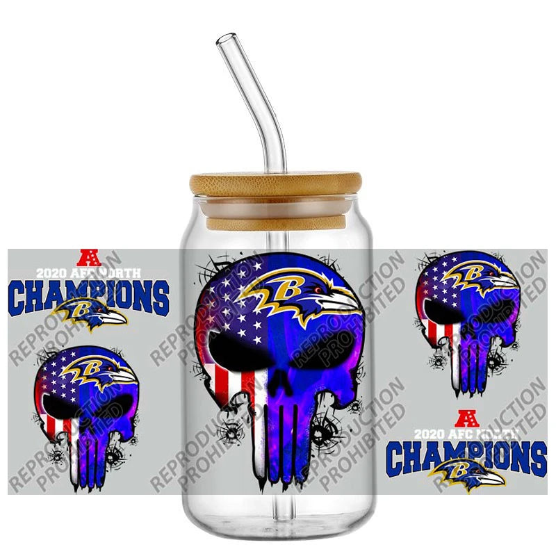 High Quality ‌3D Skull Sports Team Decal UV DTF Cup Wrap for 16oz Libbey Glasses Can DIY Mug Transfer Stickers