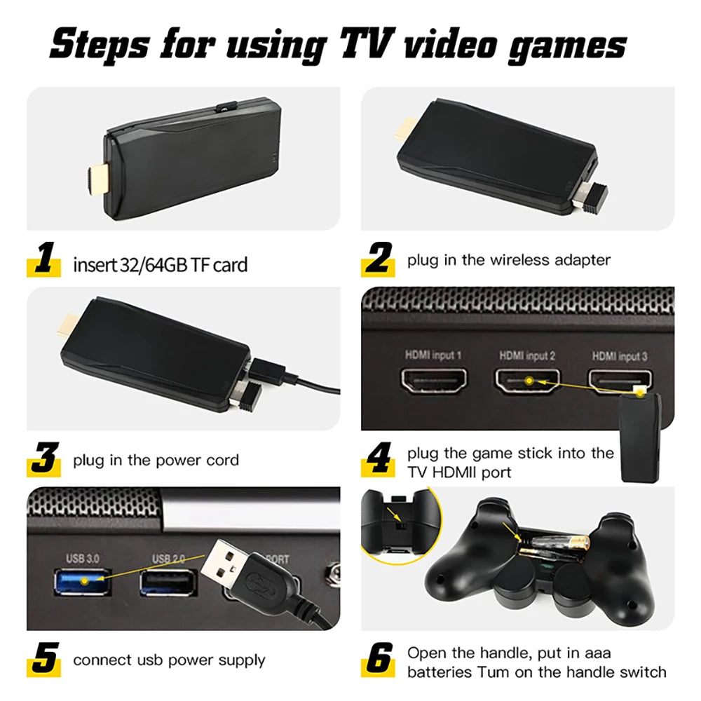 Built-in 20000+ Games Retro Handheld Game Player NEW Video Game Console 64G 4K TV Game Stick 2.4G Wireless Controller Gamepad