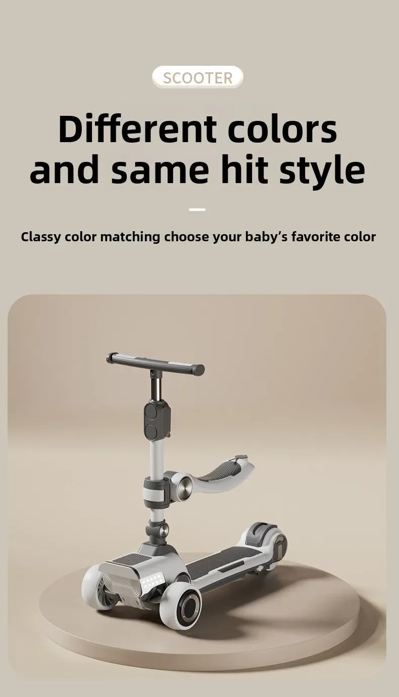 Rechargeable electric scooter for children, foldable and fun with widened design.