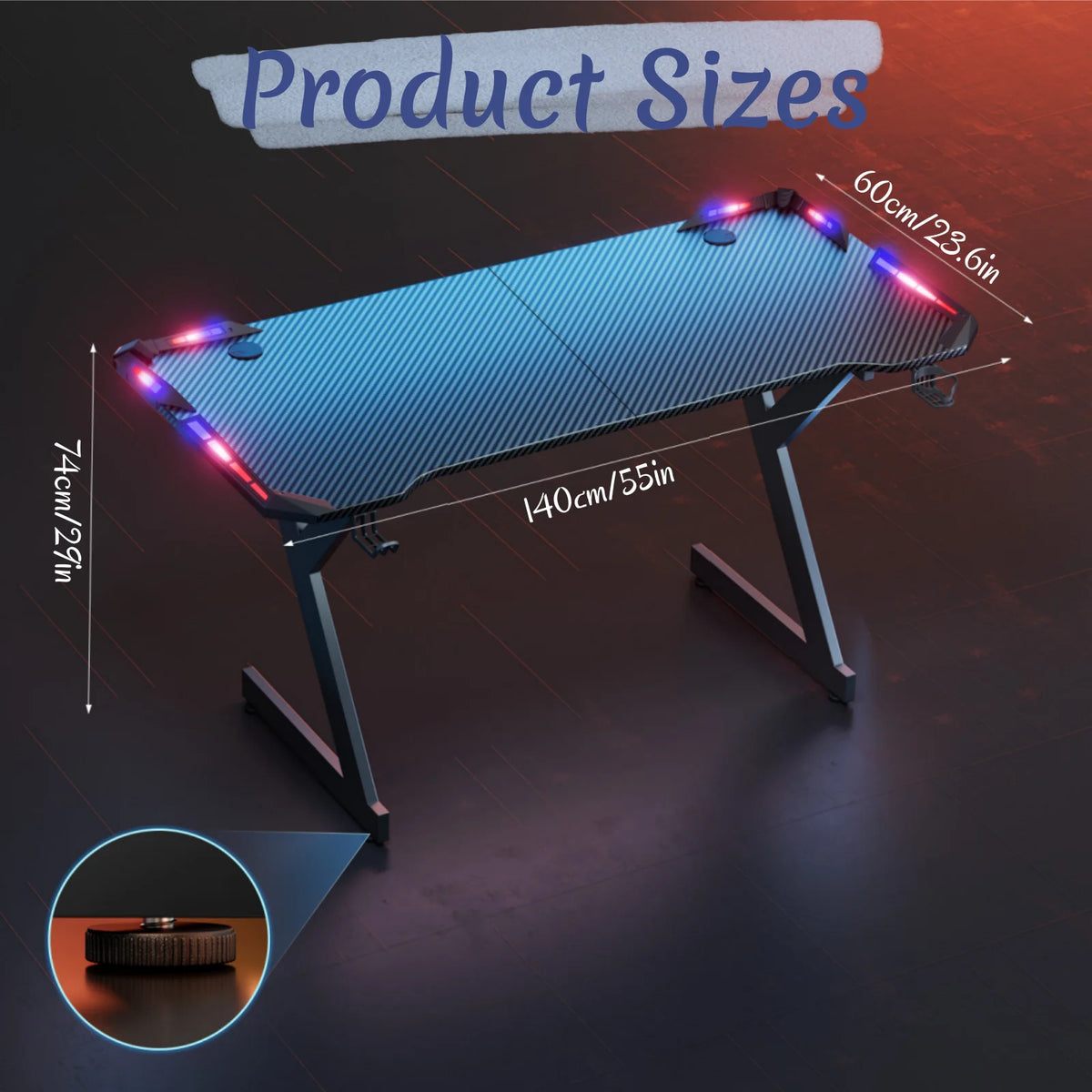Y‑Shaped Gaming Desk with RGB LED Lights, Ergonomic Carbon‑Fiber Surface PC Workstation Table with Headphone Hook & Cup Holder