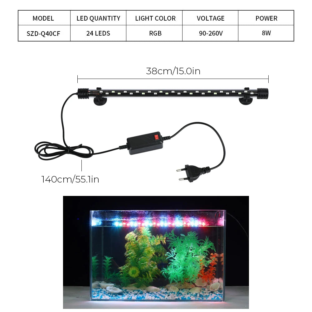 Fish Tank Light Bar Underwater RGB EU Plug AC 90~260V Aquarium Submersible Lamp Waterproof 28/38/48cm