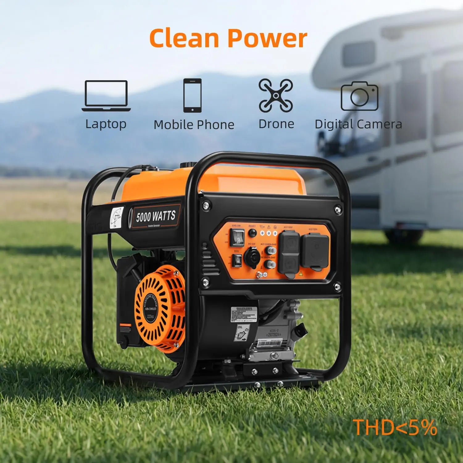 5000-Watts Portable Inverter Generator, Gas Generator for Home Backup, 30A Outlet, RV Ready, ECO Mode, 60Lbs, EPA, Customized
