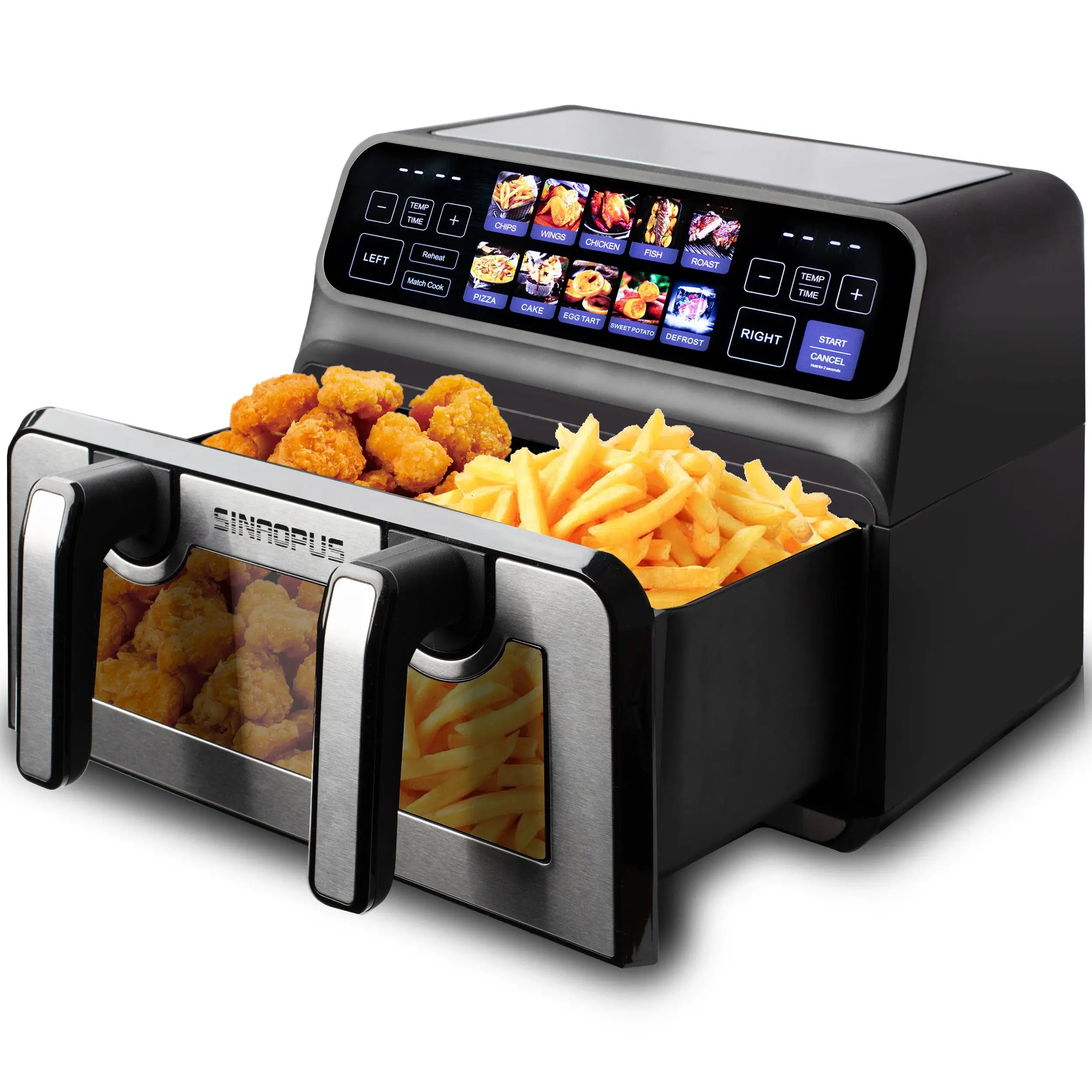 Sinaopus 2200W Hot Air Fryer Dual Basket 9 L XXL Multi-Function Air Fryer with LED Touch Screen Timable Auto Programmes