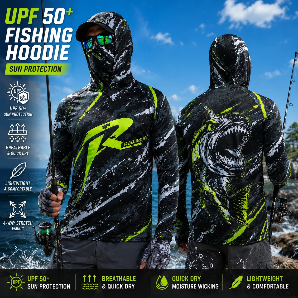 MALFC Men Hood Fishing Shirt long sleeve fishing t shirt uv protection Fishing Apparel