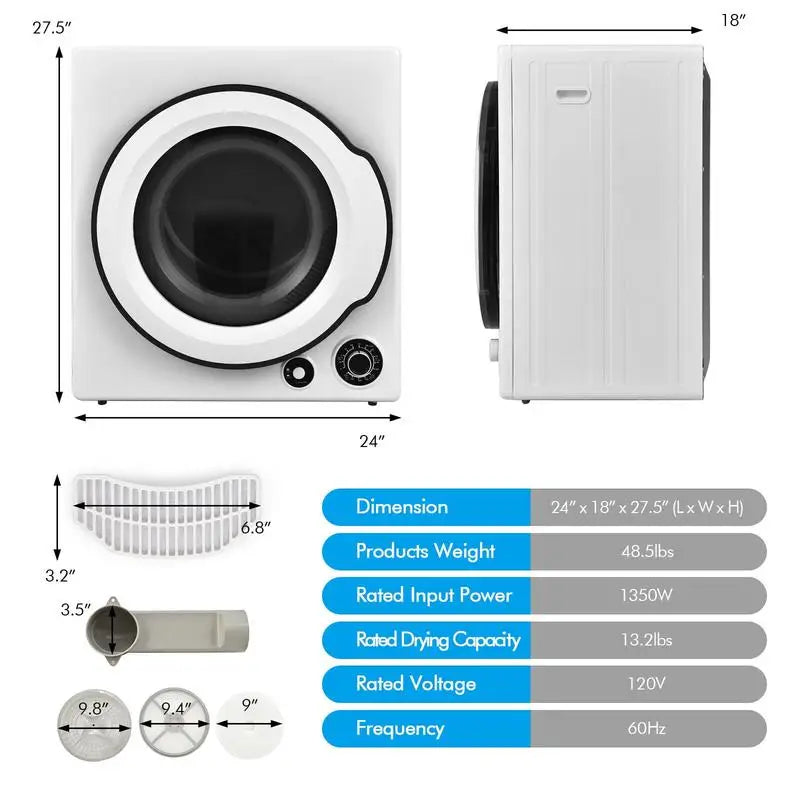 Compact Electric Tumble Laundry Dryer with Stainless Steel Tub-White