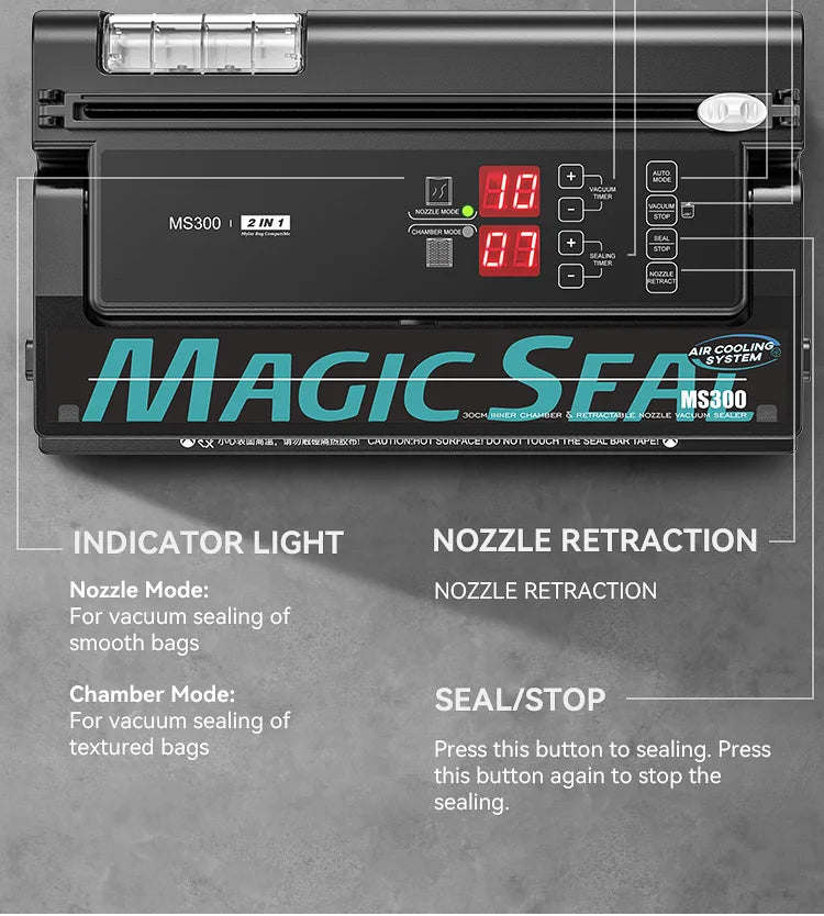 Vacuum Sealer Machine MAGIC SEAL MS300 for Food Plastic Packaging Sealer Mylar Bags Sealer Sealing machine Automatic Manual Mode