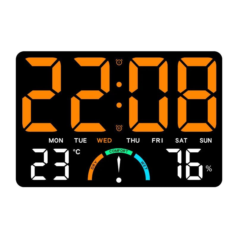Large Digital Wall Clock TEMP Humidity Week Comfort Level 2 Alarm Snooze Table Clock 12/24H Count-up Countdown LED Clock