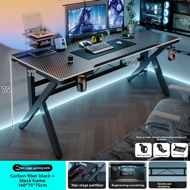 Two-Section Split Solid Wood Computer Gaming Desk  | Ergonomic Home Office Workstation Furniture in Carbon Fiber Style