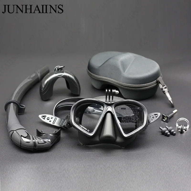 Wet Low Volume Diving Mask Tempered Glass Freedive Mask J-type Diving Mask Snorkel Set with Camera Mount Black