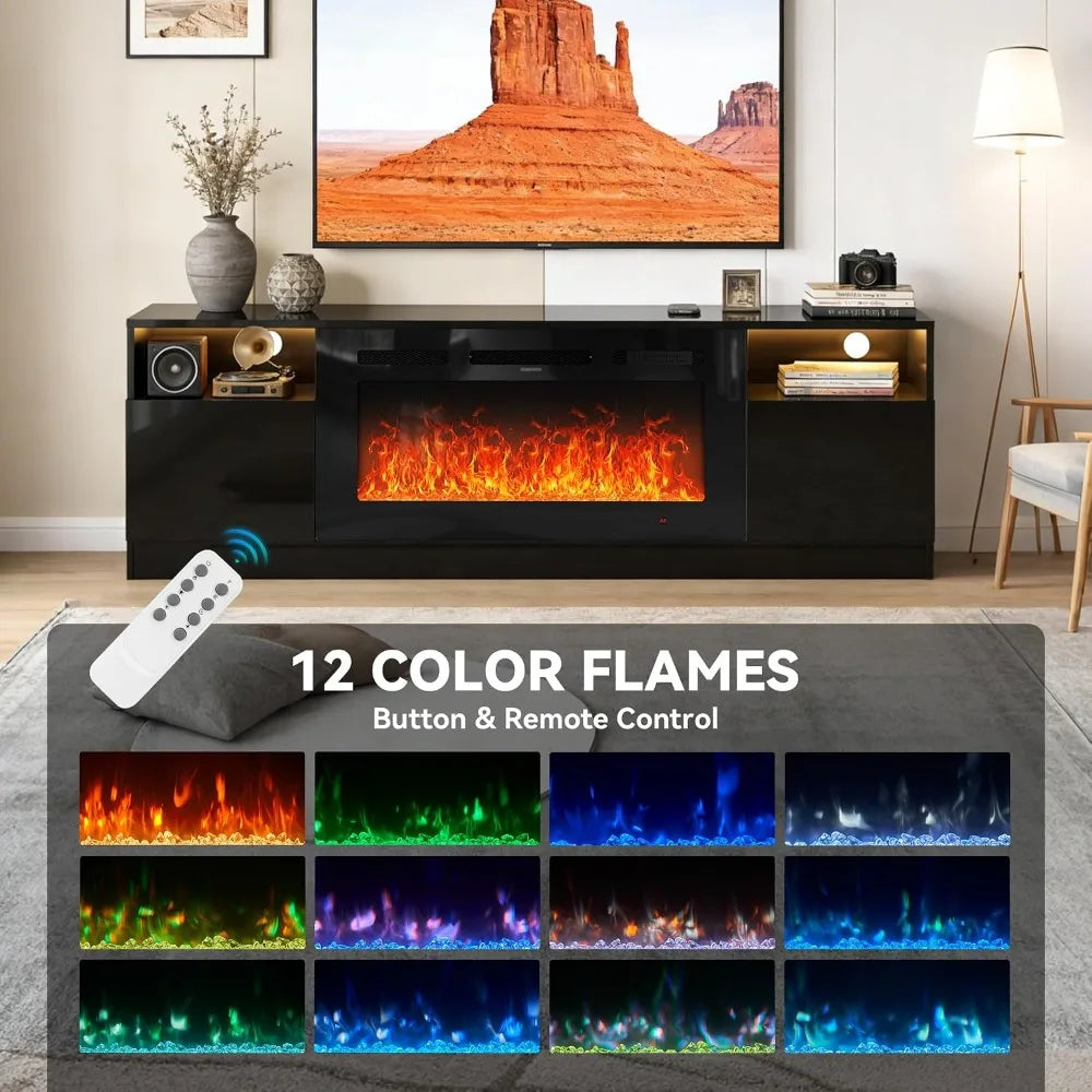 70" TV Stand, 36" Fireplace, Fits TVs Up to 80" High-Gloss Door Fireplace TV Stand Living Room