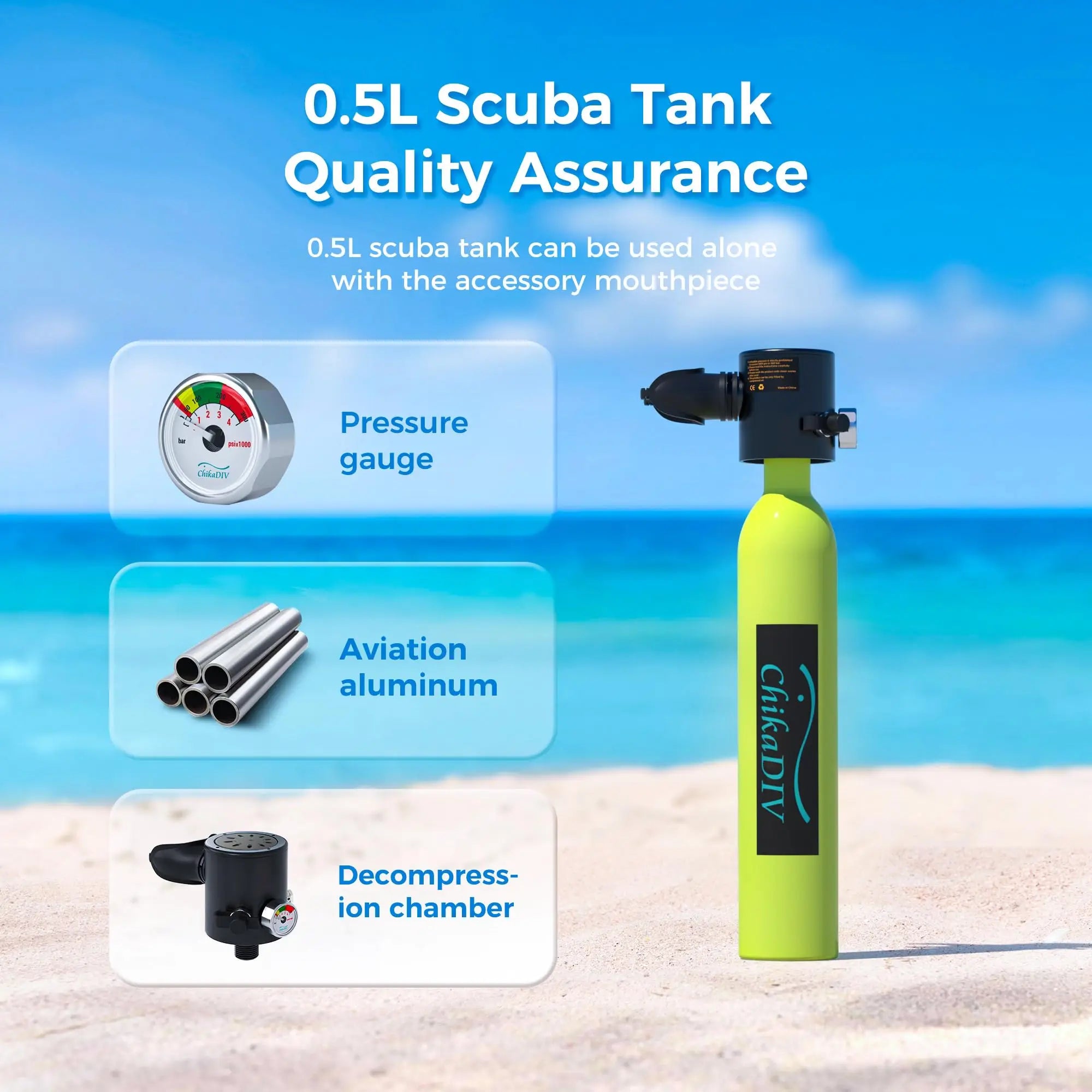 ChikaDIV 0.5L Mini Scuba Tank with Sub-Mask Diving Tank with Full-face Mask Underwater Breath System Lung Tank DOT Certified Pony Bottle for Snorkeling