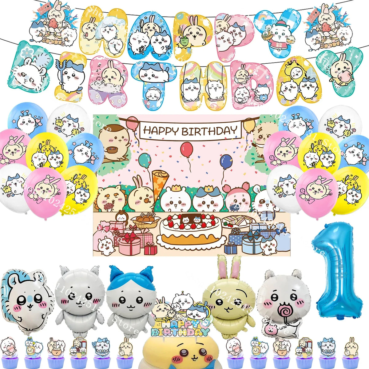 Chiikawa kawaii Happy Birthday Party Decorations Cute plate Banner Cake Topper Flag Balloons Disposable tableware Decorations