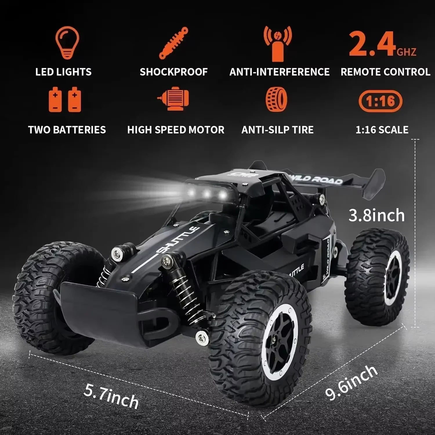 1:16 RC Car All Terrain Monster Truck LED Headlights Outdoor 2WD Off-Road Hobby RC 2.4GHz 20Km/h Remote Control Car Toy Gift Kid