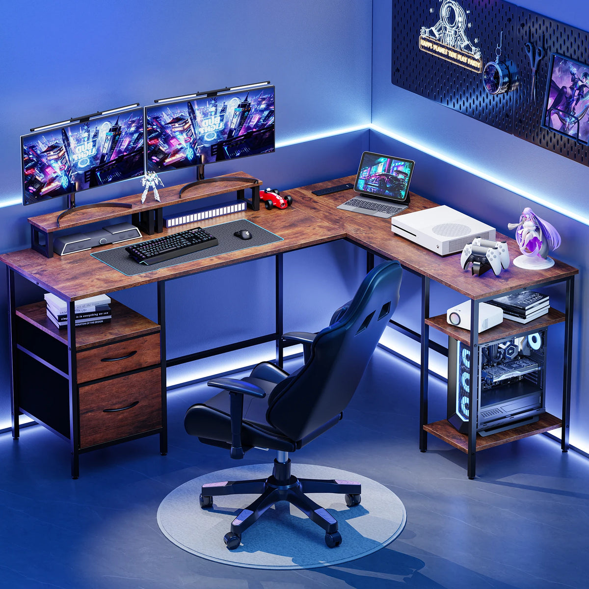JHK 62IN L Shaped Computer Desk with 2 Drawers Wood Table with Adjustable Storage Shelves Charging Station Desk for Office