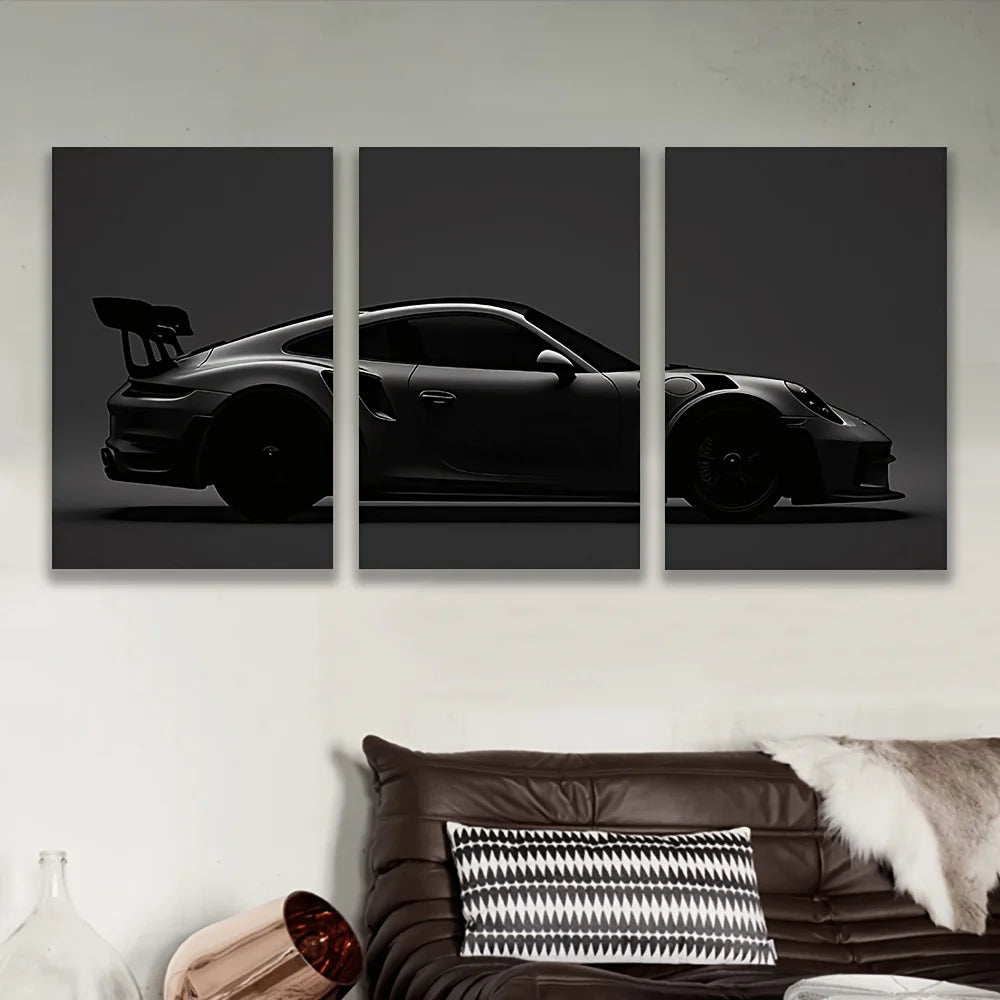 Frameless[3pcs Black Sports Car Art] 3pcs High-Quality Frameless Canvas Wall Art - Black Sports Car in Dark Monochromatic Tripty