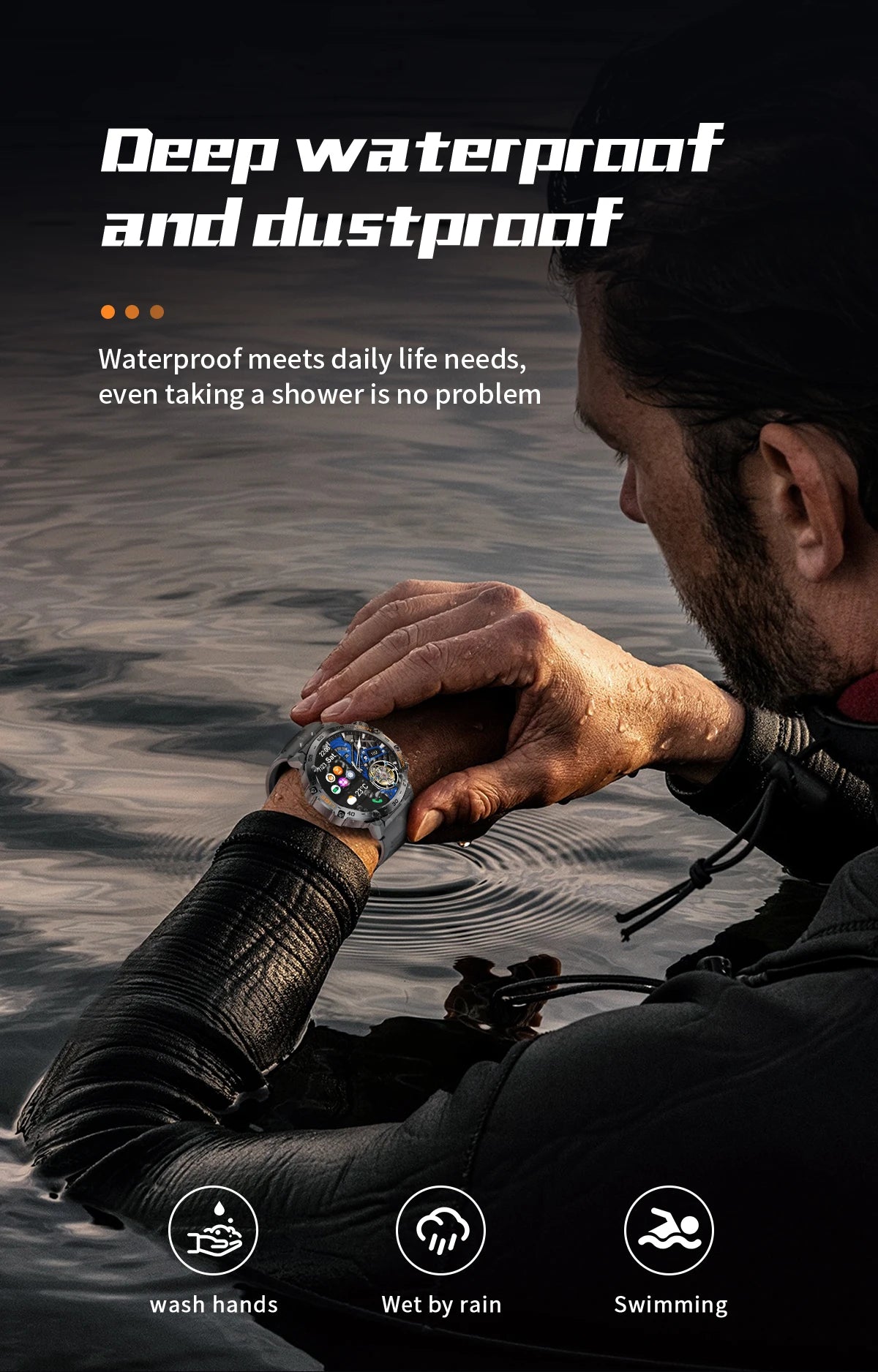 Stay active and connected with this men's smart watch featuring an HD screen, waterproof design, sports fitness tracking, and a handy flashlight—compatible with Android and iOS!