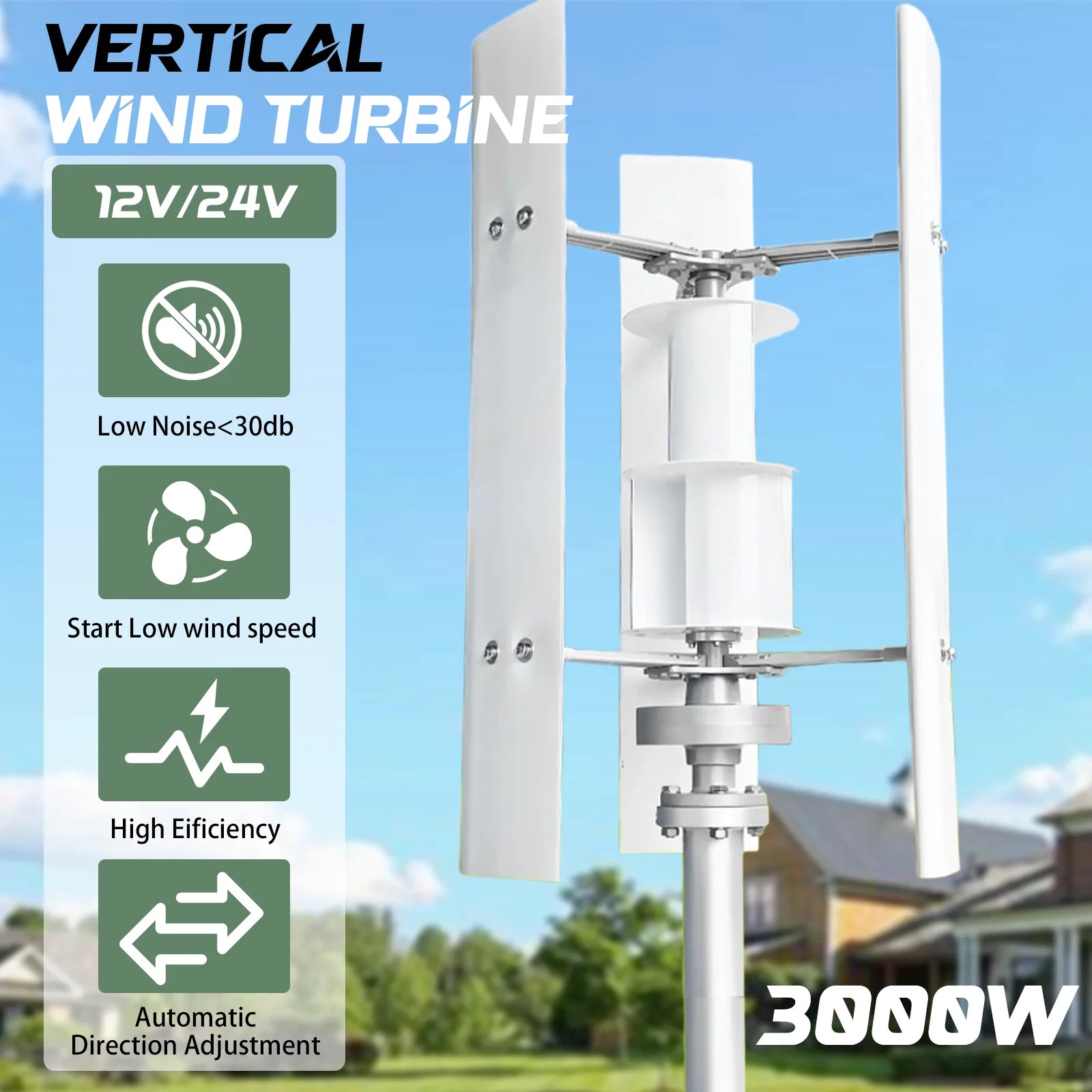 Small Windmill 12/24V 3000W Vertical Wind Turbine Generator Kit with Wind-Solar Hybrid Controller Household Free Energy