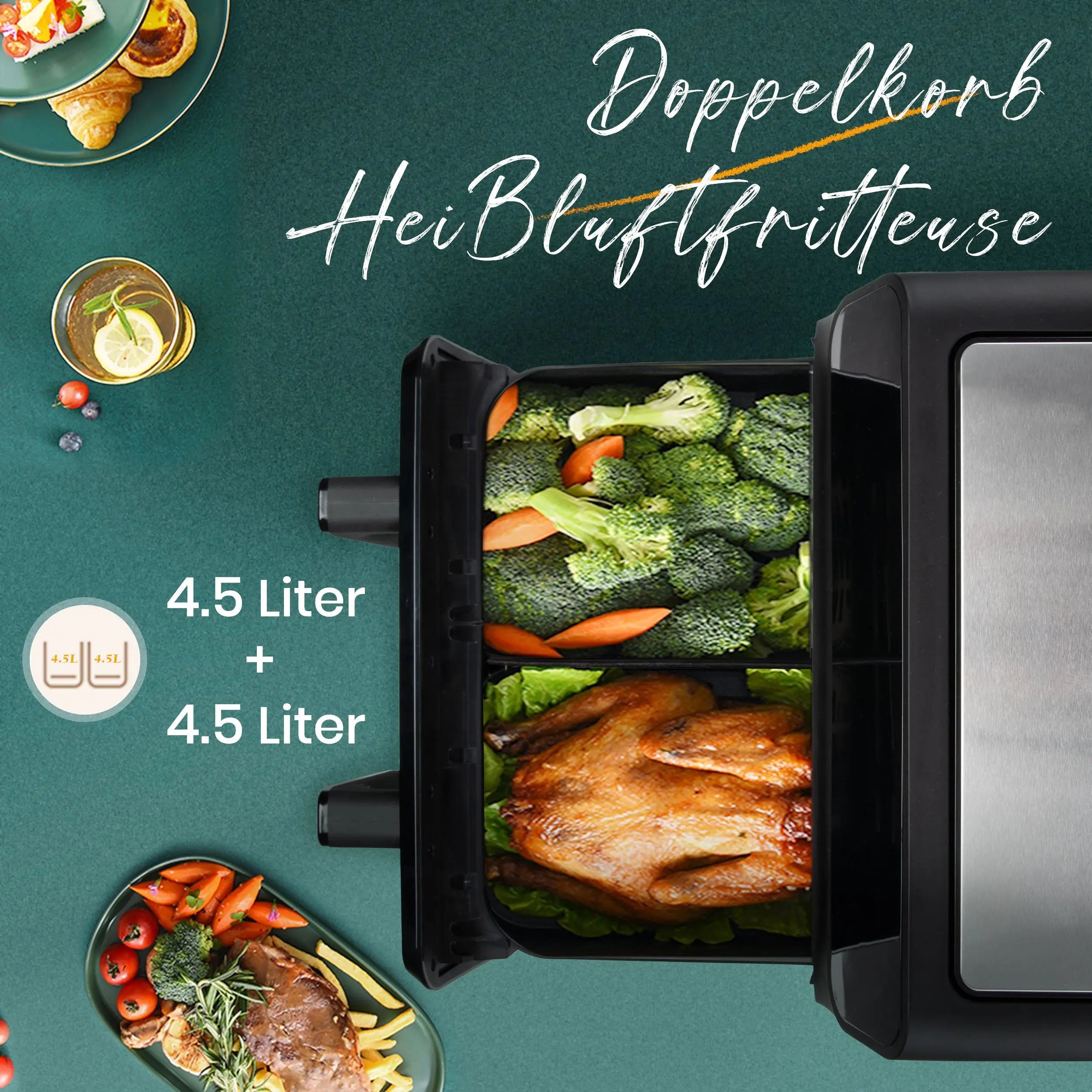 Sinaopus 2200W Hot Air Fryer Dual Basket 9 L XXL Multi-Function Air Fryer with LED Touch Screen Timable Auto Programmes