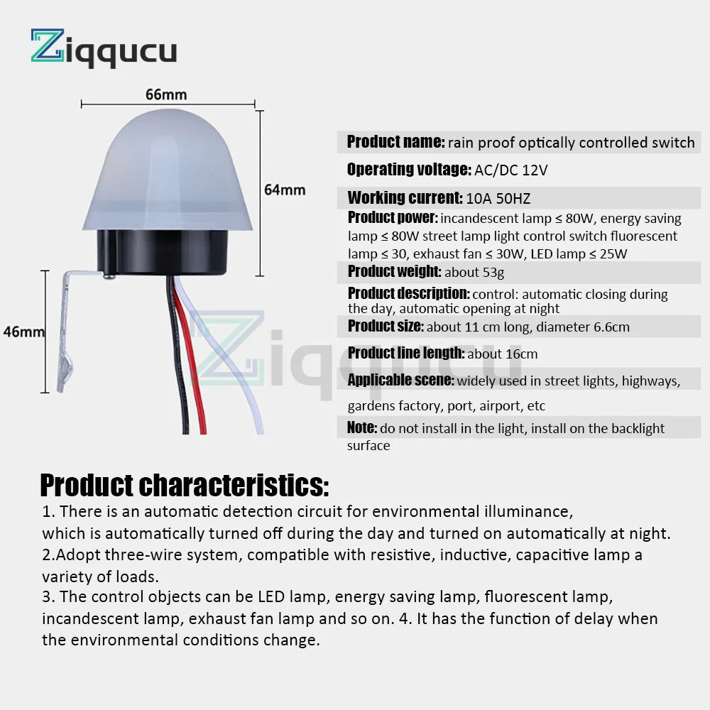 Save energy and light up your nights with this waterproof, sensitive auto photo switch—an easy on/off photocell sensor perfect for street LED lights!