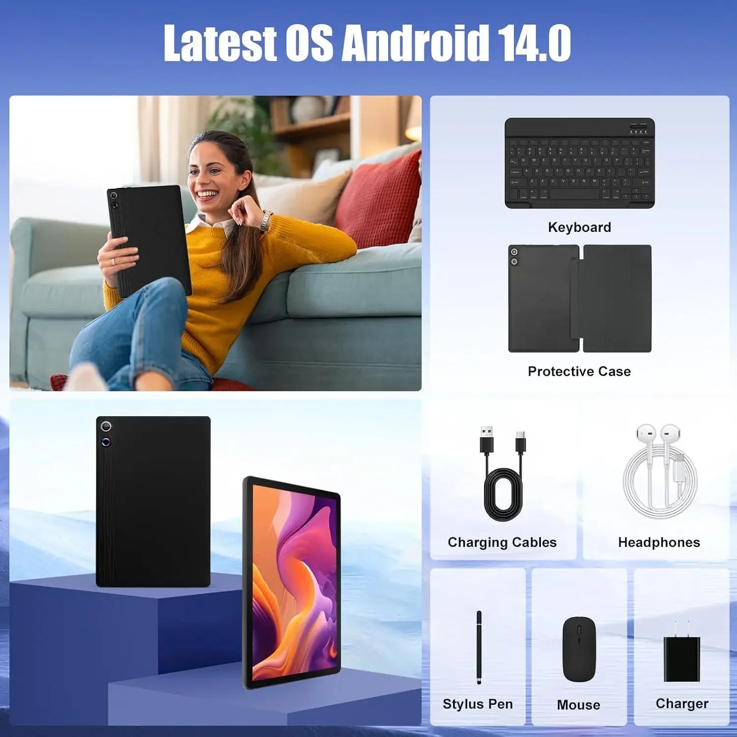 URAO 11 Inch Tablet Android 14GB RAM 64GB ROM 6800mAh IPS HD Touch Screen with Keyboard Protective Case Mouse Stylus 8 in 1 Kit