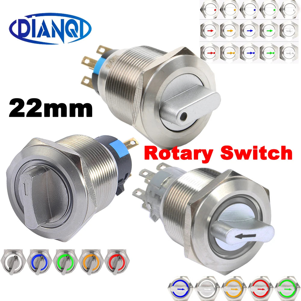22mm 2/3 position Metal Selector Latching Push Button knob Rotary Switch DPDT SPDT 12V LED Illuminated 1NO1NC/2NO2NC ON OFF lock