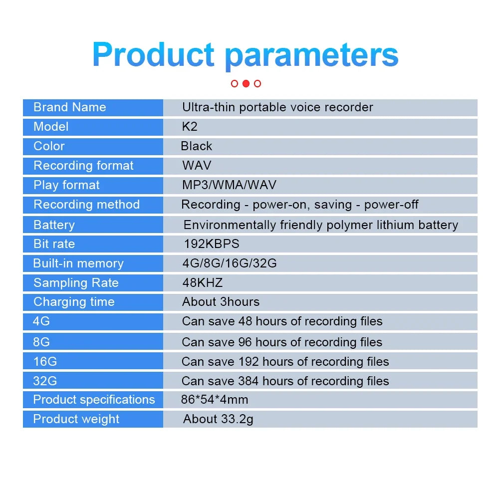 Capture every word clearly with this ultra-thin digital voice recorder—offering up to 150 hours of recording time in a sleek, compact design!