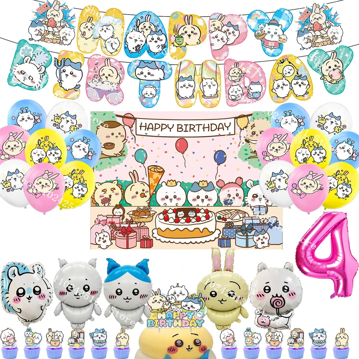 Chiikawa kawaii Happy Birthday Party Decorations Cute plate Banner Cake Topper Flag Balloons Disposable tableware Decorations